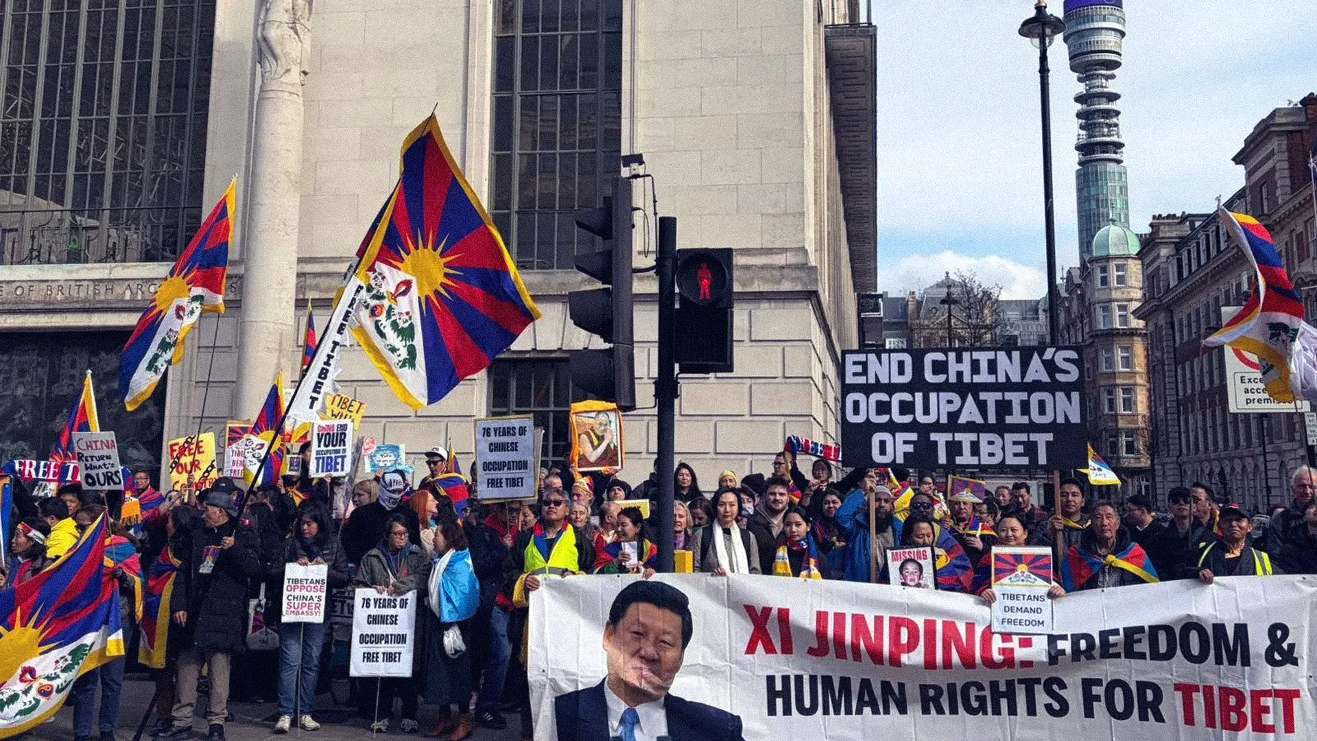 Tibet supporters gather in London marking the 67th Tibetan National Uprising anniversary, calling for freedom and human rights.

Photo: Drukthar Gyal